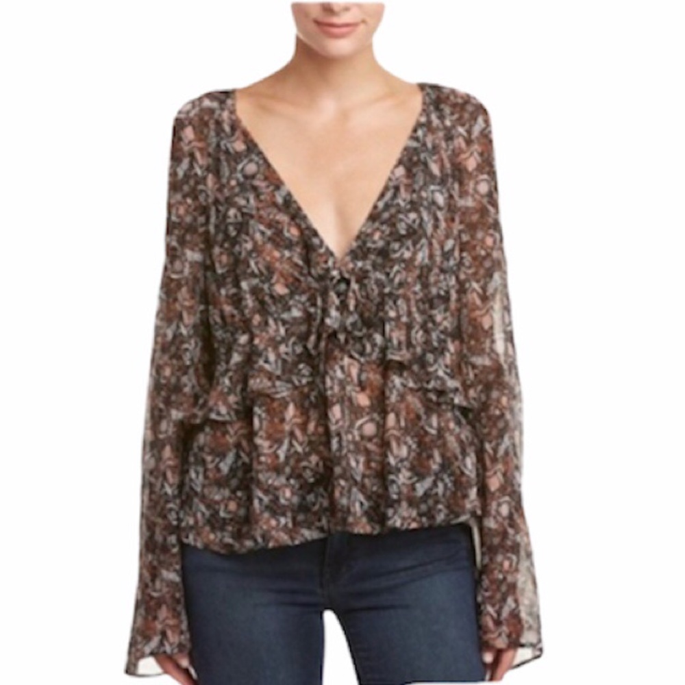 Free People Uptown Black Floral Bell Sleeve Blouse